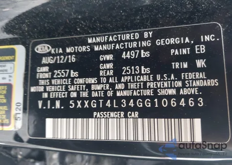 2016 Kia Optima Lx z USA, uszkodzony, nr VIN 5XXGT4L34GG106463